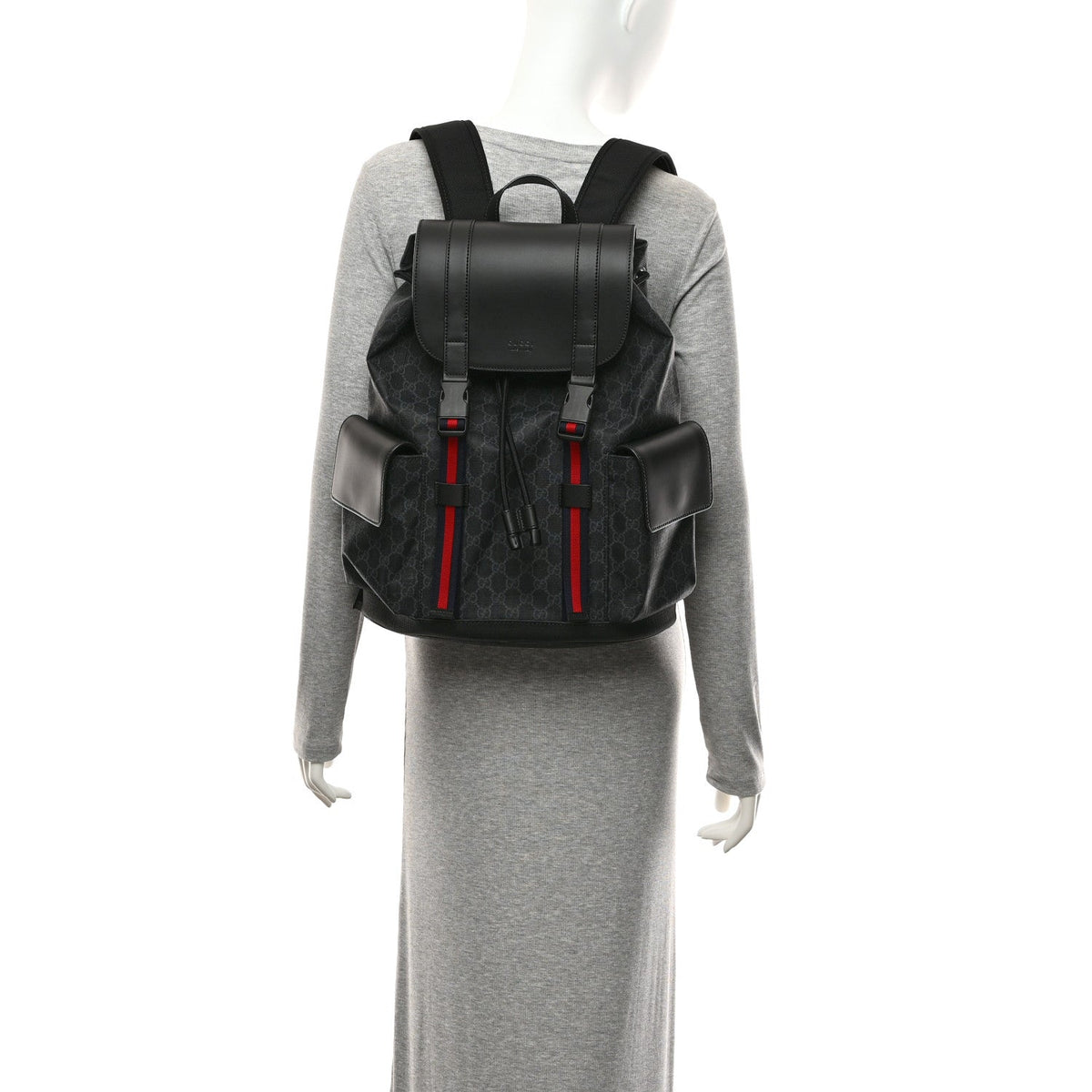 Soft GG Supreme Monogram Calfskin Web Double Buckle Backpack Black