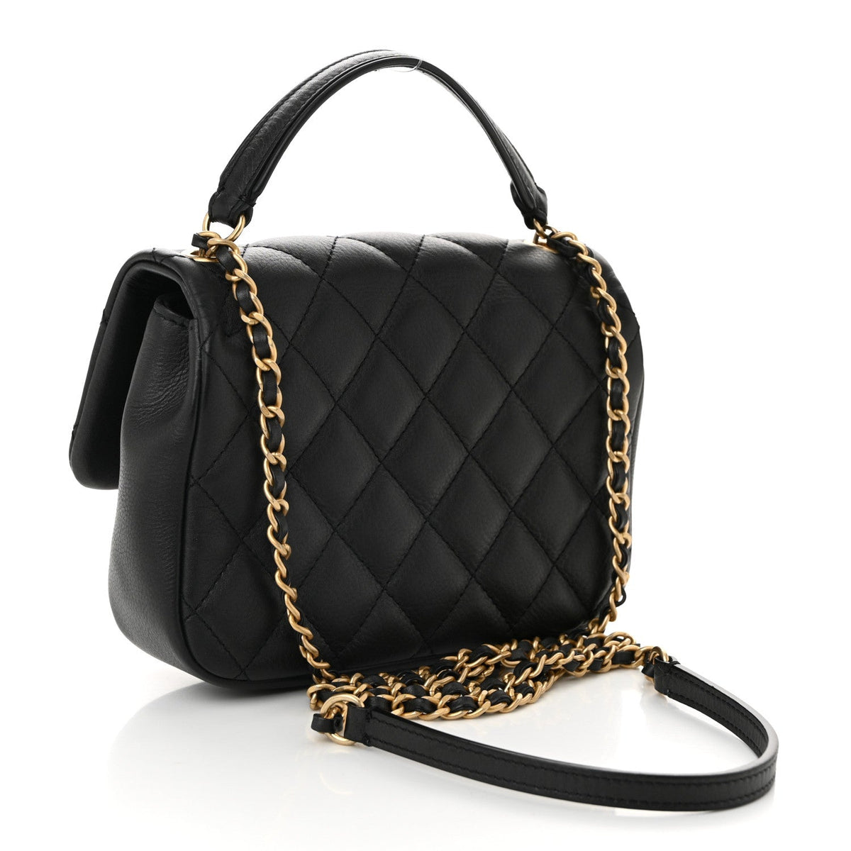 Calfskin Quilted Top Handle Flap Black