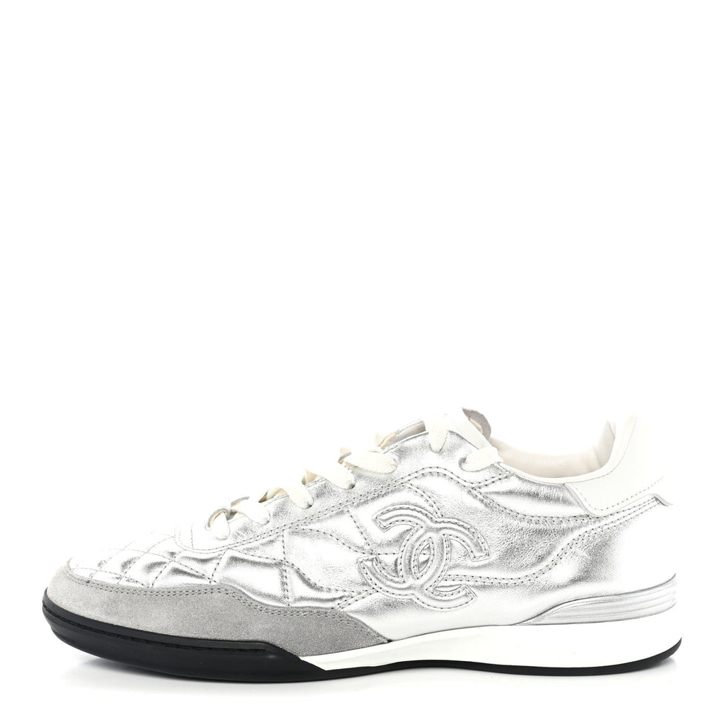 Laminated Calfskin Suede Quilted Womens CC Sneakers 37.5 Silver White Gray