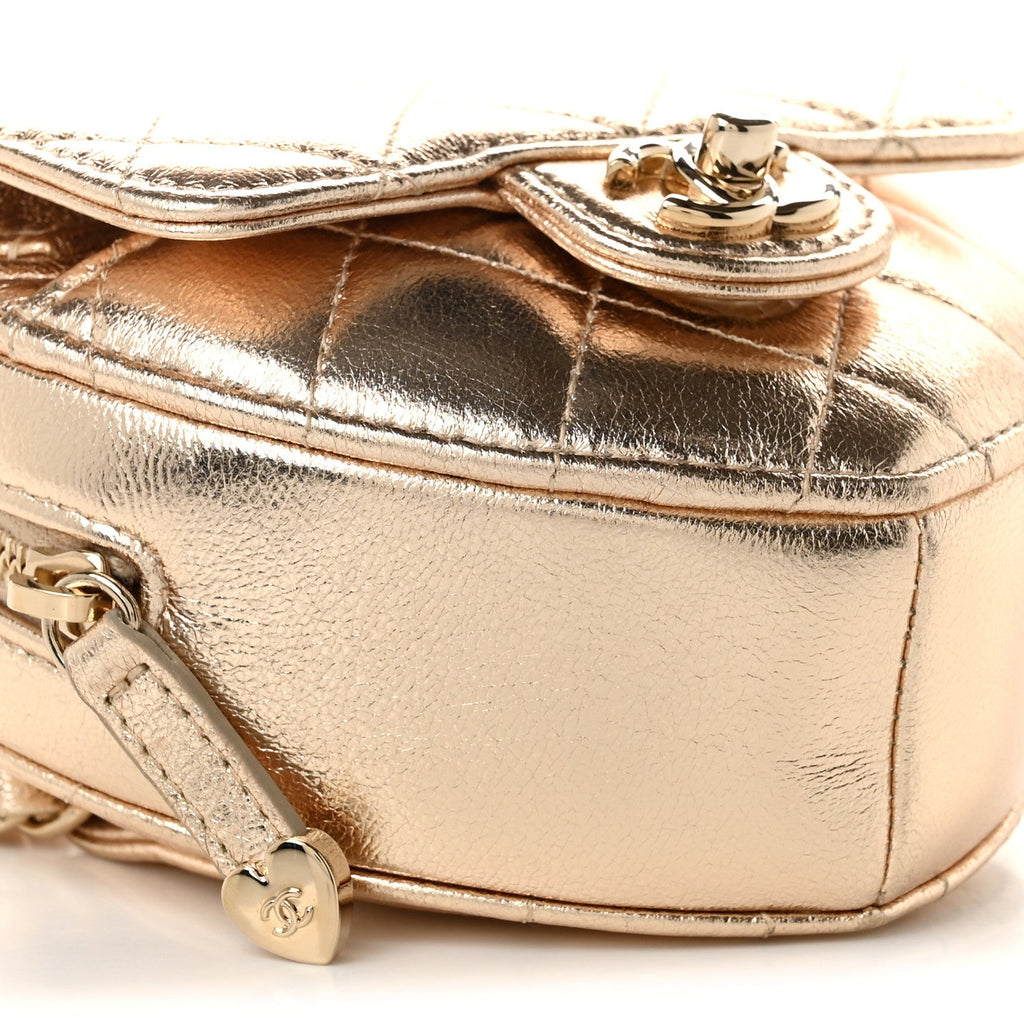 Metallic Lambskin Quilted CC In Love Heart Waist Belt Bag With Chain Gold