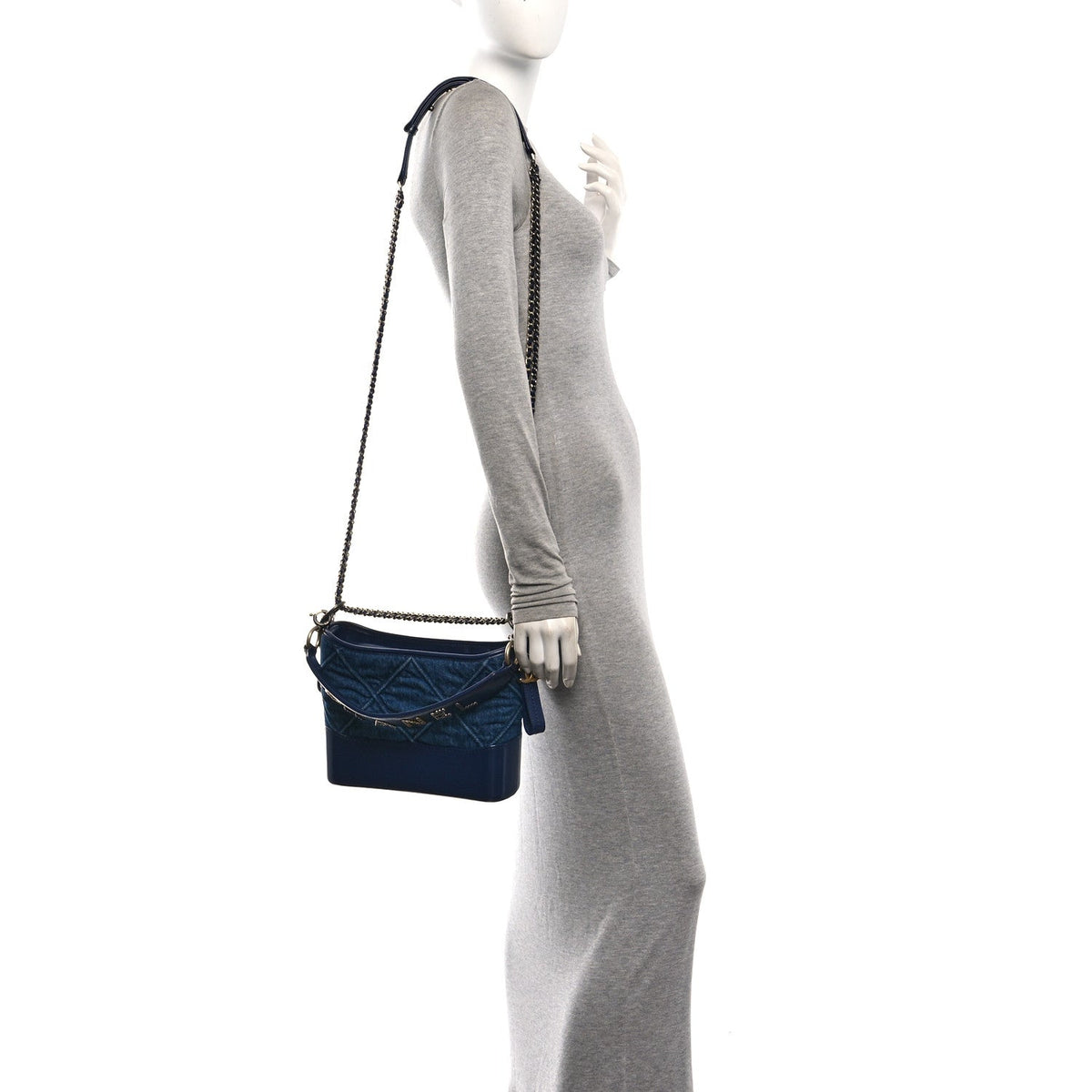 Denim Calfskin Quilted Medium Gabrielle Logo Hobo Blue