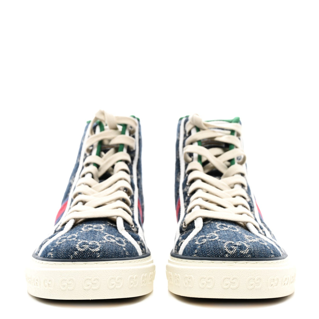 New Denim GG Monogram Web Mens 1977 Tennis High Top Sneakers 7.5 Blue Tea Mystic White