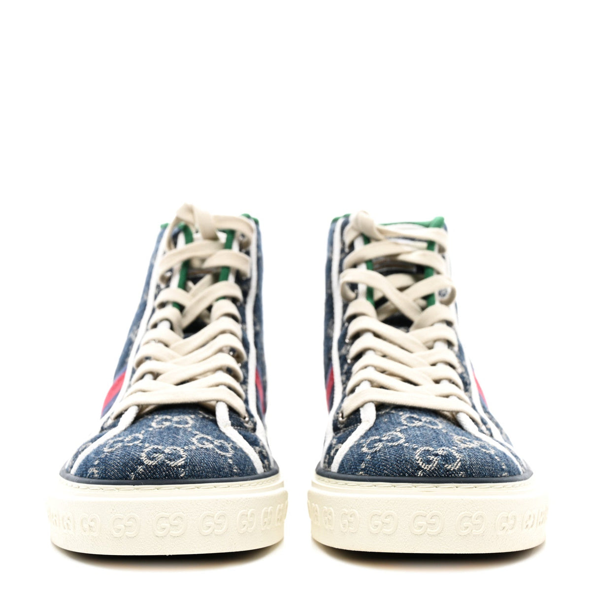 New Denim GG Monogram Web Mens 1977 Tennis High Top Sneakers 7.5 Blue Tea Mystic White