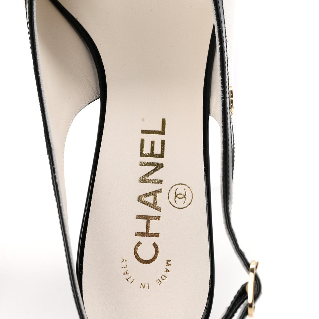 Lambskin Patent Calfskin Cap Toe CC Slingback Pumps 38 White Black