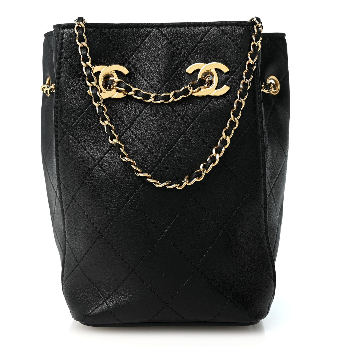 Lambskin Quilted Mini Bucket Bag With Chain  Black