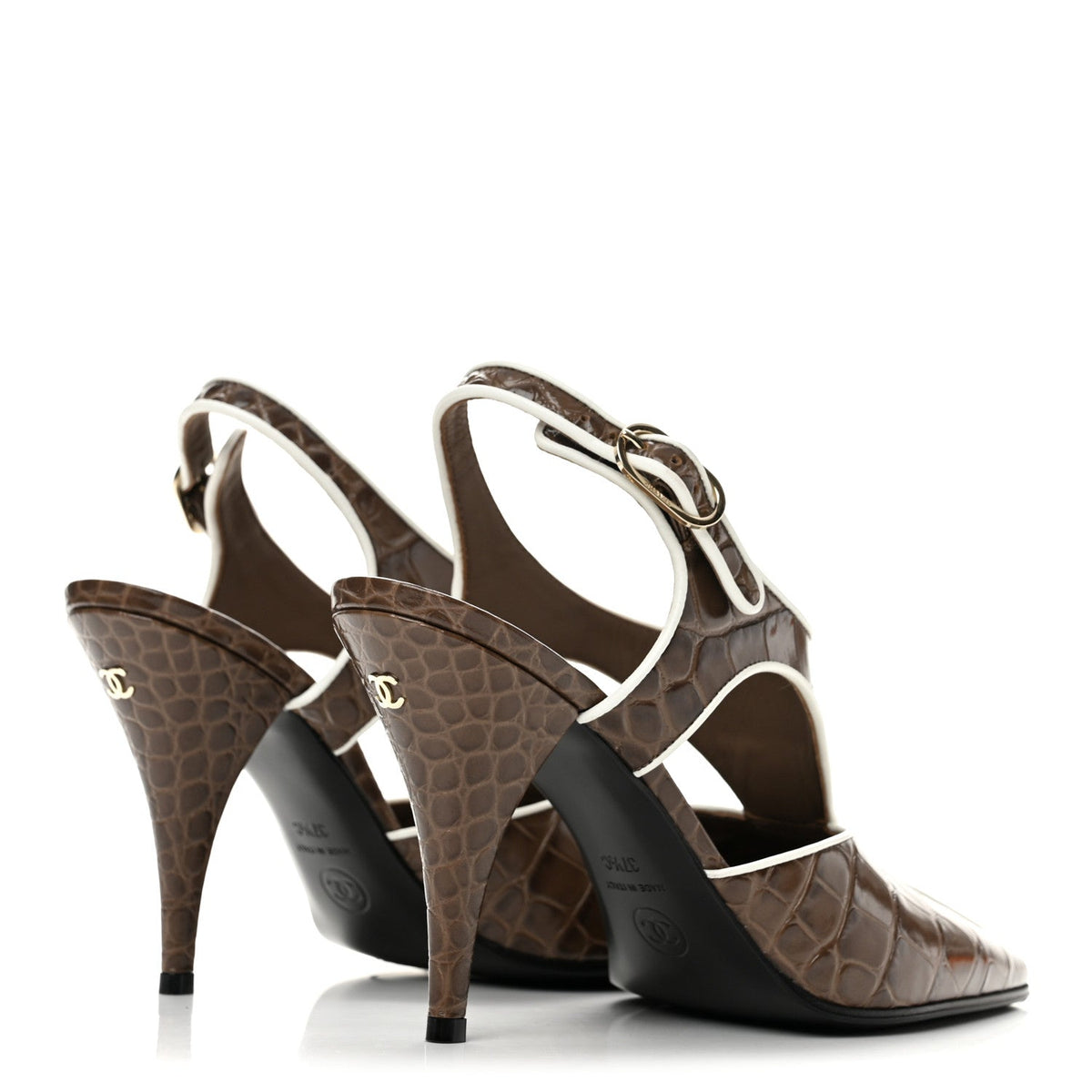 Patent Calfskin Crocodile Embossed CC Slingback Pumps 37.5 Brown White