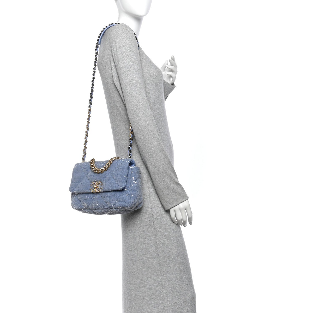Sequin Quilted Medium Chanel 19 Flap Light Blue