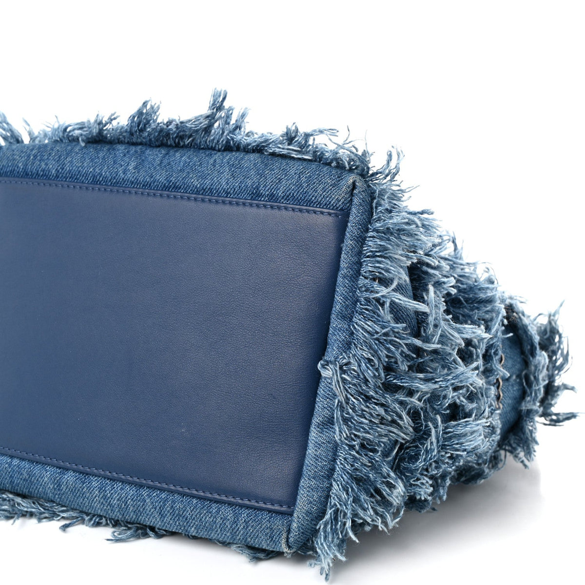 Calfskin Denim Fringe Chains CC Drawstring Bucket Bag Blue