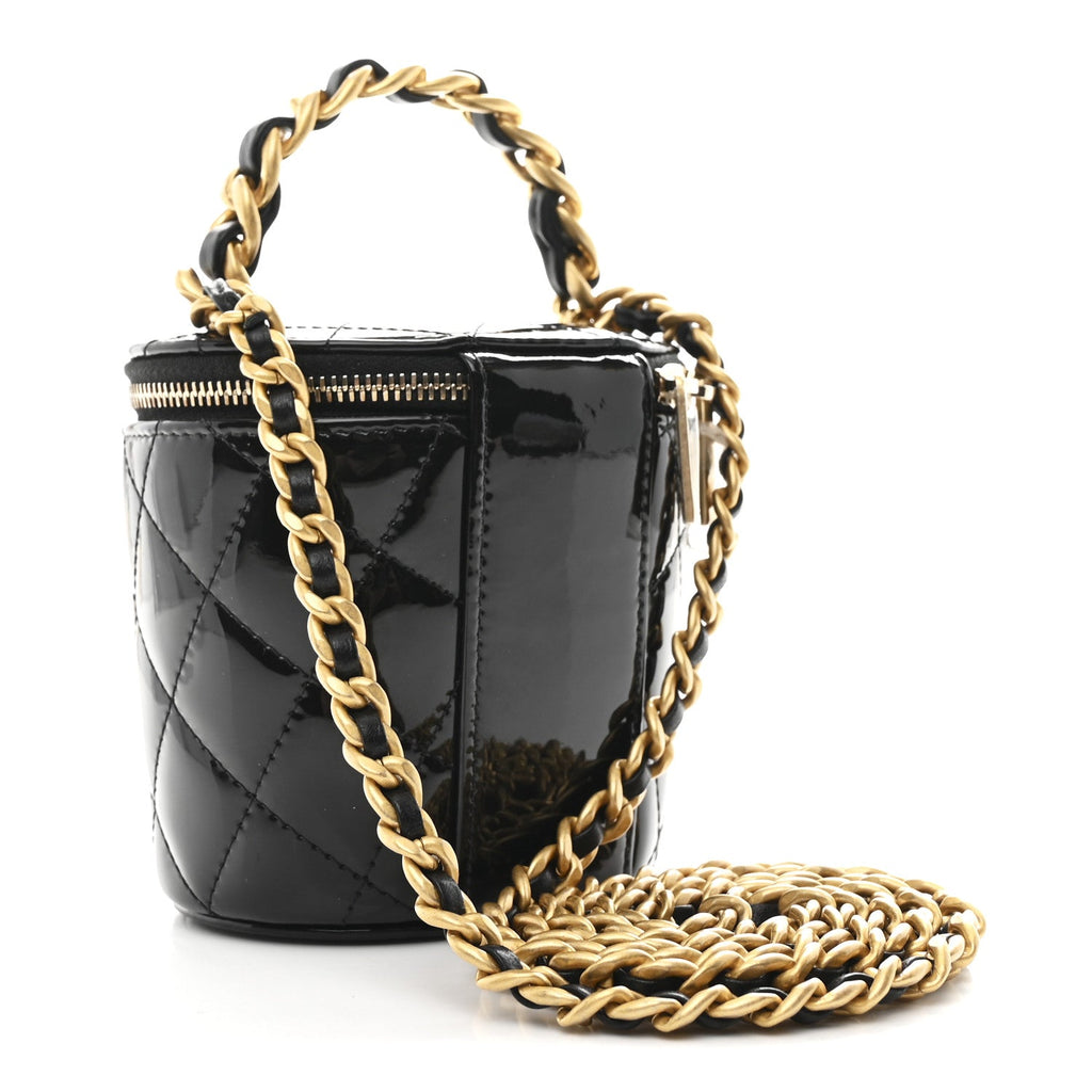 Patent Quilted Afternoon Tea Top Handle Vanity Case With Chain Black