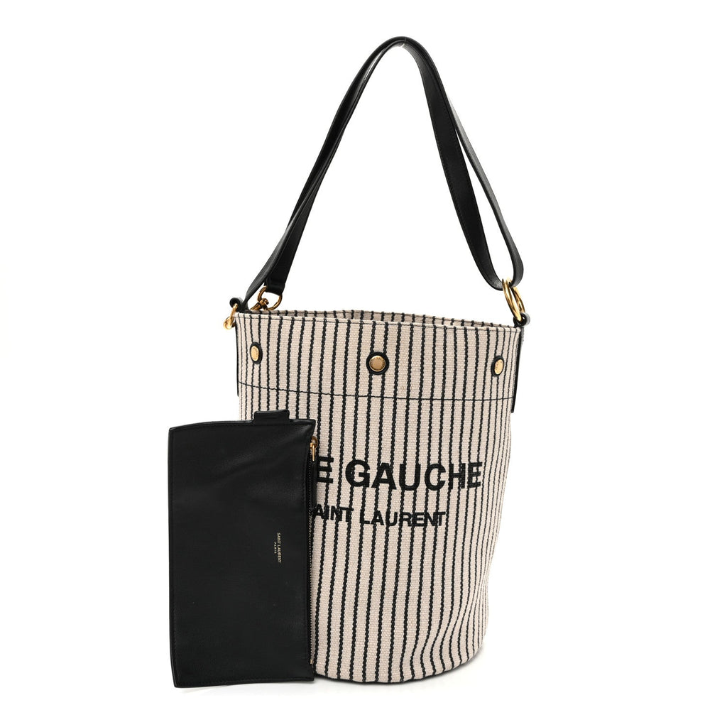 Linen Calfskin Striped Rive Gauche Bucket Bag Grey Cream Black