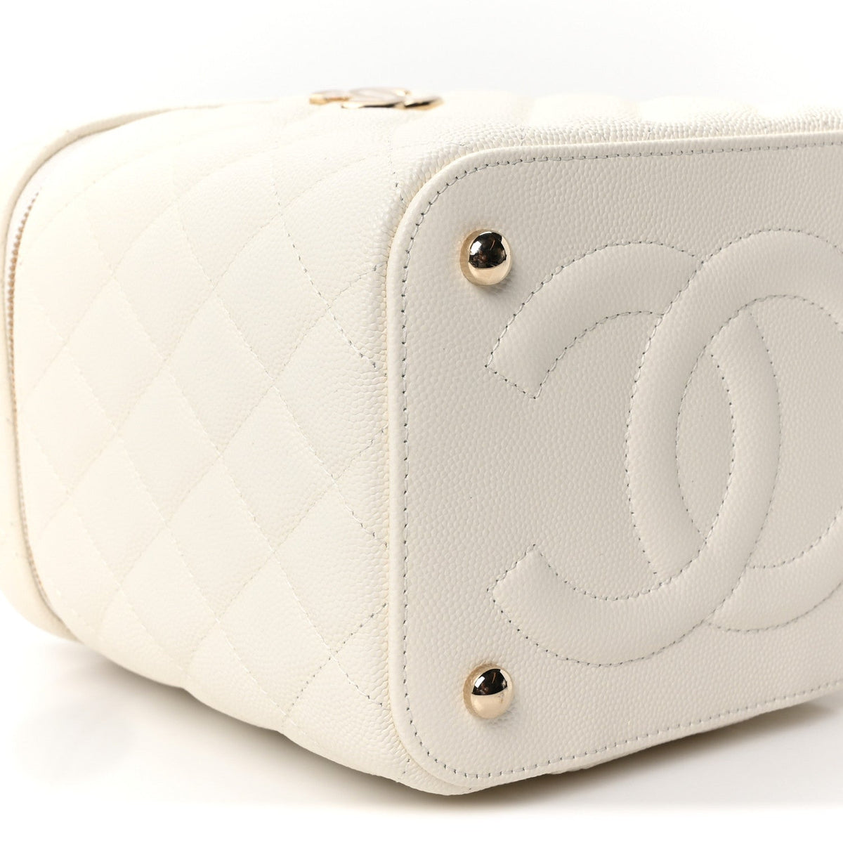 Caviar Quilted Small Top Handle Vanity Case With Chain White