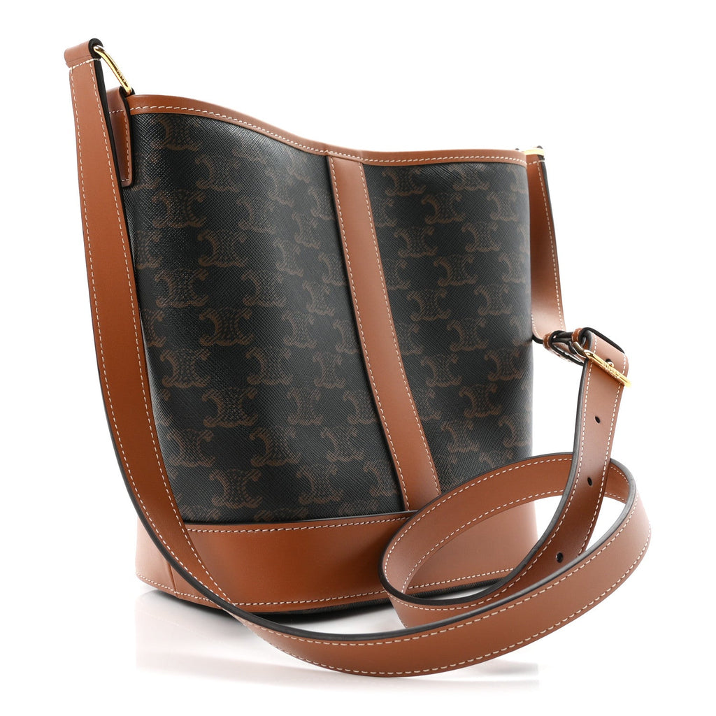 Triomphe Canvas Calfskin Small Bucket Bag Tan