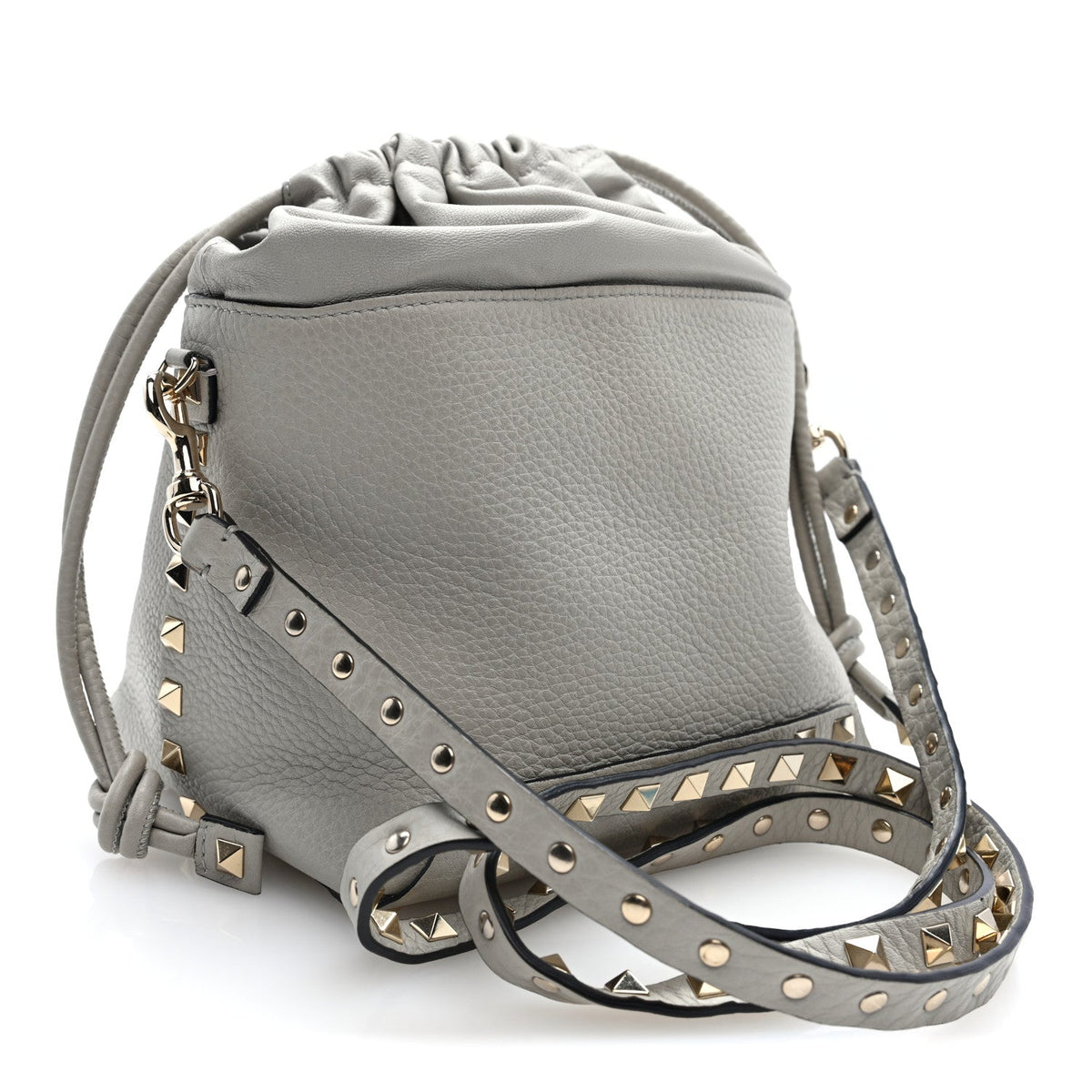 Grained Calfskin Rockstud Mini Bucket Bag Opal Grey