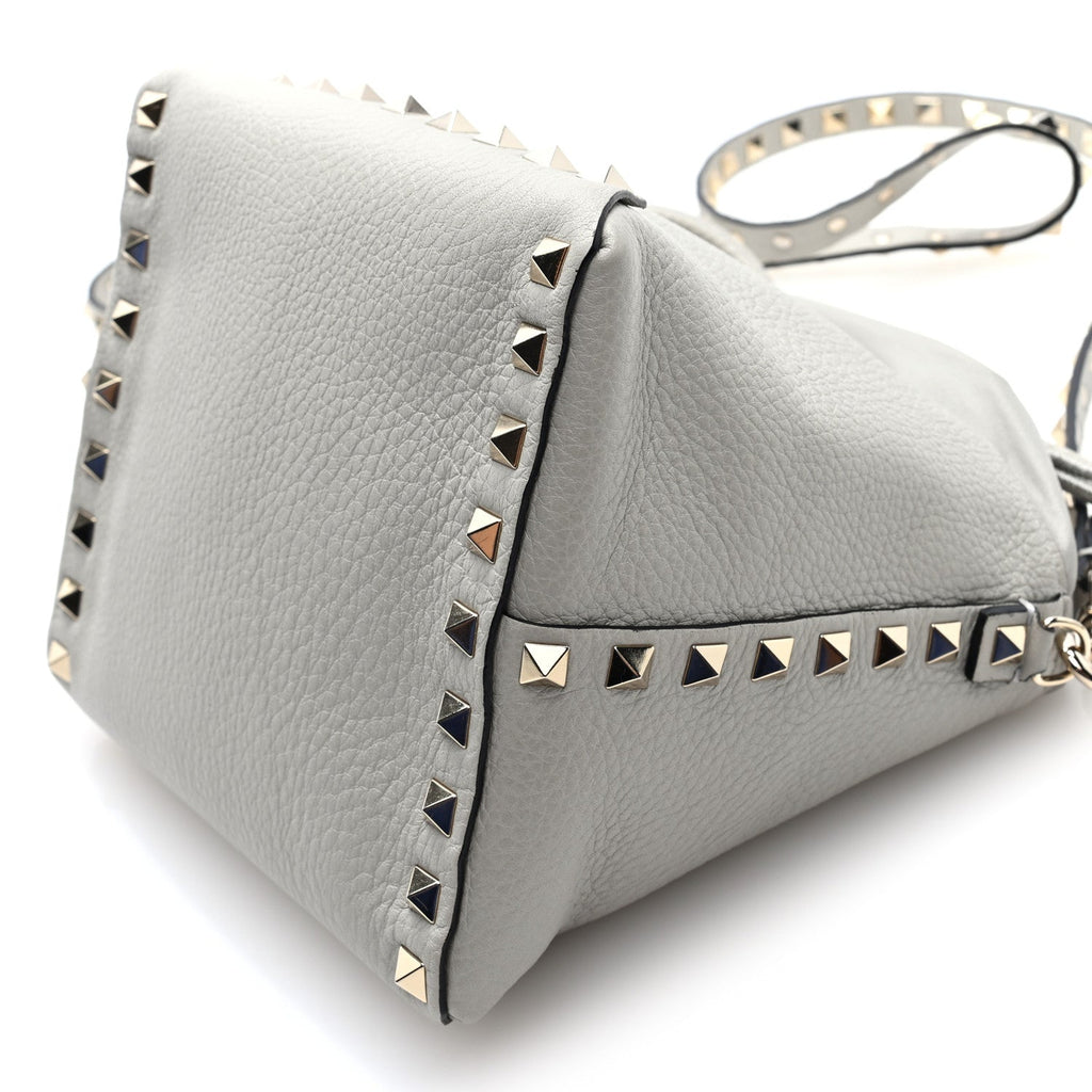 Grained Calfskin Rockstud Mini Bucket Bag Opal Grey