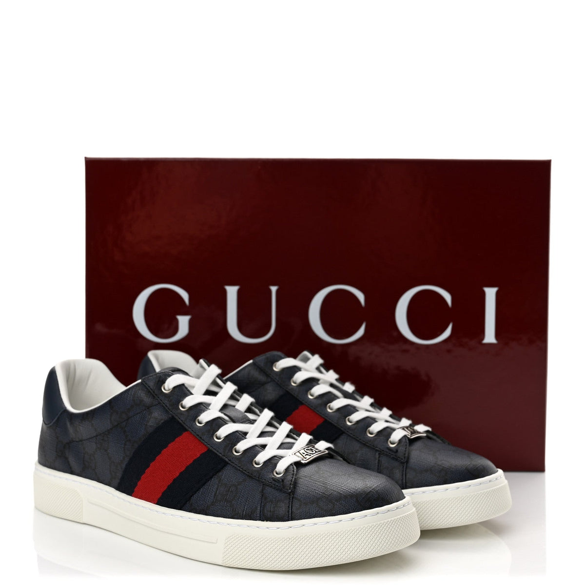 GG Supreme Monogram Web Mens New Ace Sneakers 8 Dark Blue