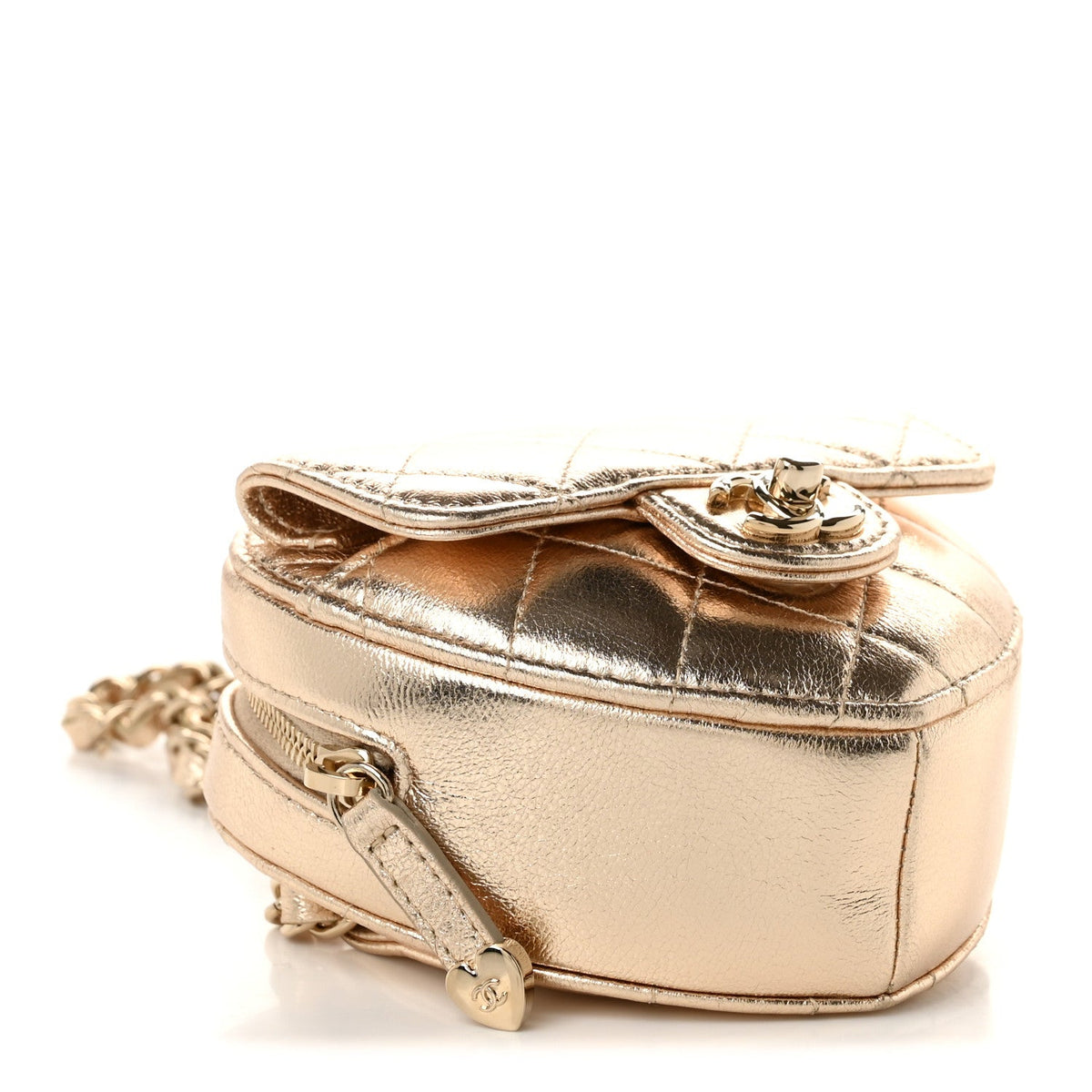 Metallic Lambskin Quilted CC In Love Heart Waist Belt Bag With Chain Gold
