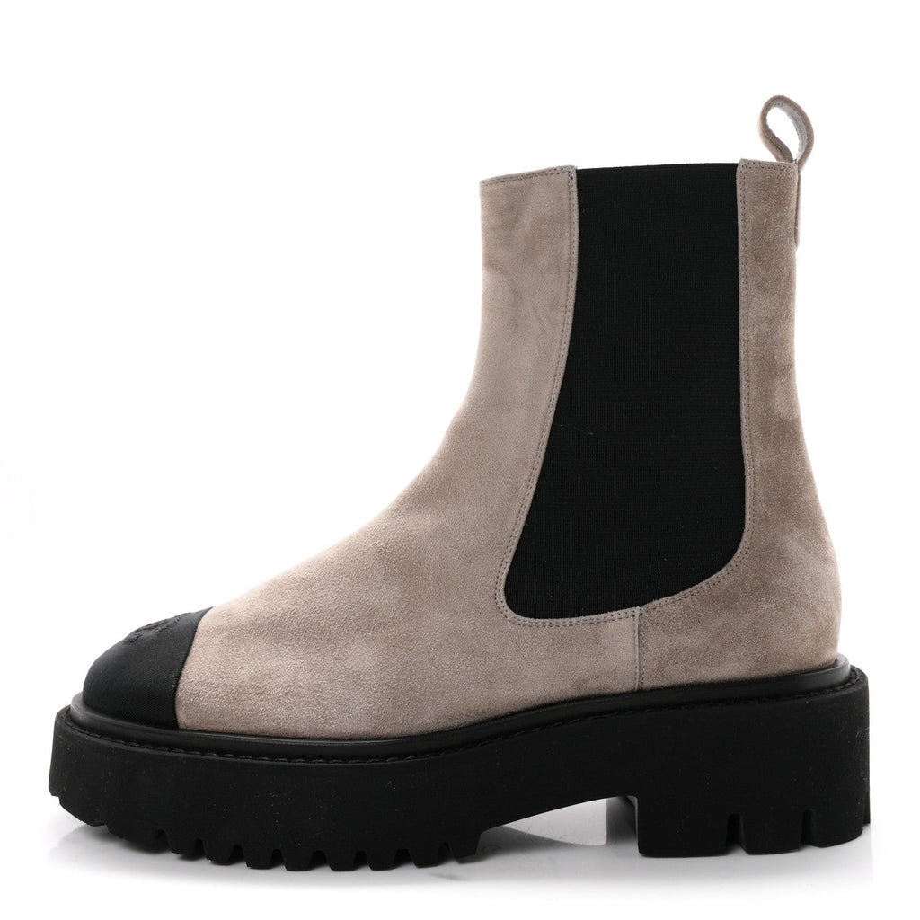 Suede Calfskin Grossgrain Cap Toe CC Ankle Boots 37 Light Grey Black