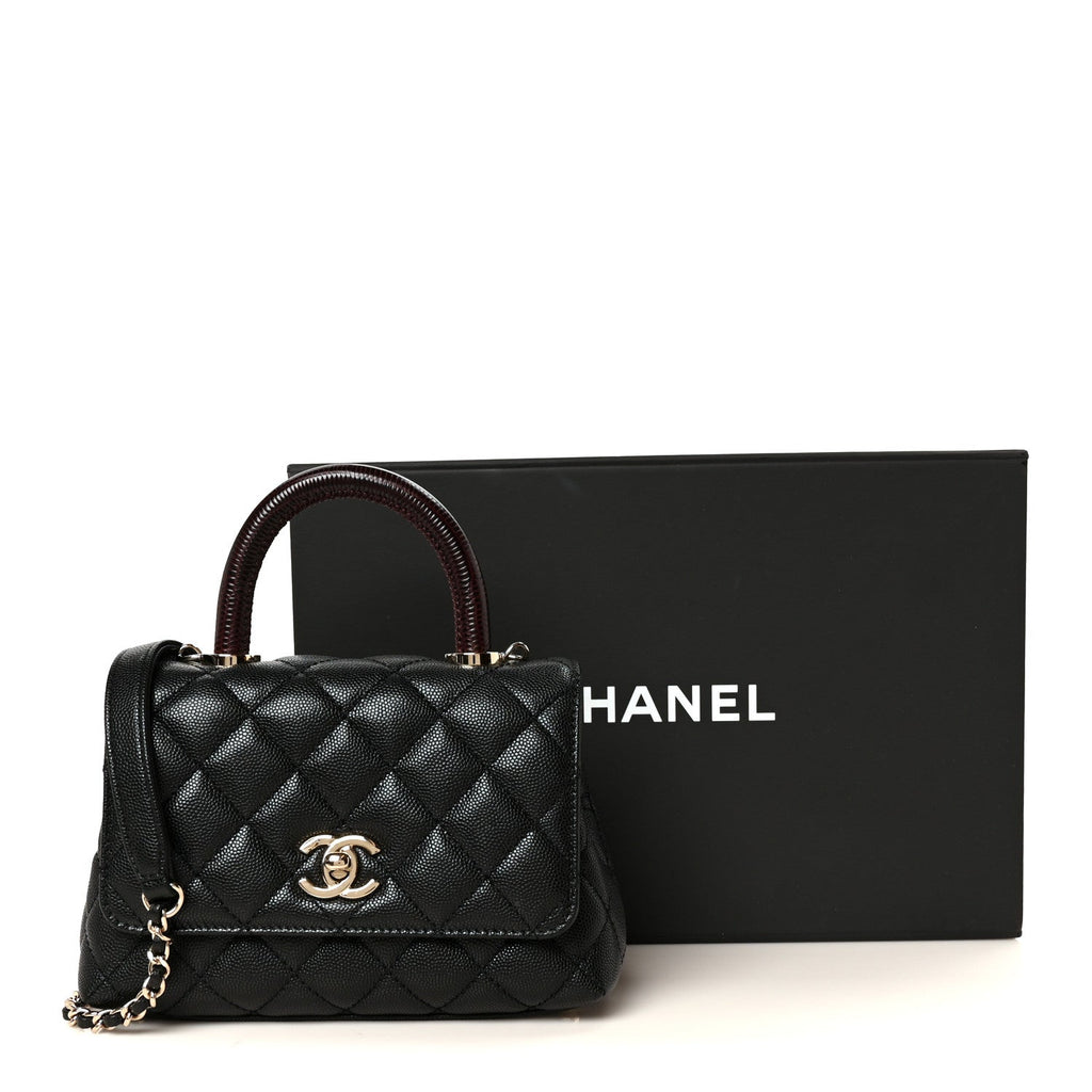 Caviar Lizard Embossed Quilted Extra Mini Coco Handle Flap Black