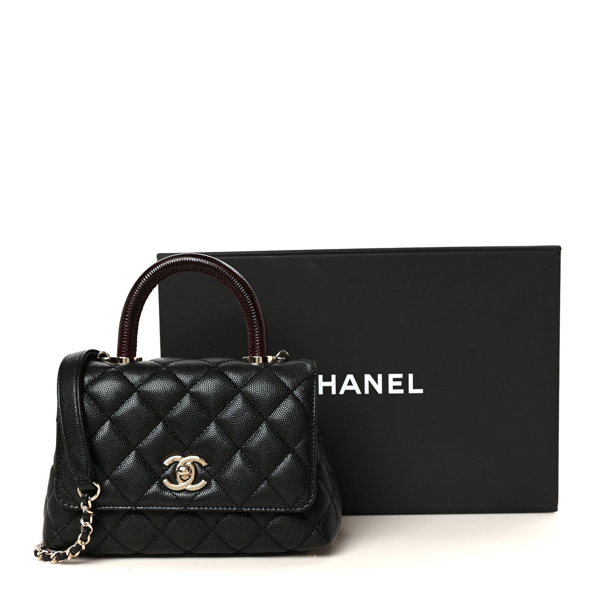 Caviar Lizard Embossed Quilted Extra Mini Coco Handle Flap Black