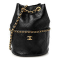 Shiny Lambskin Quilted Chain Around Drawstring Bucket Clutch With Chain Black