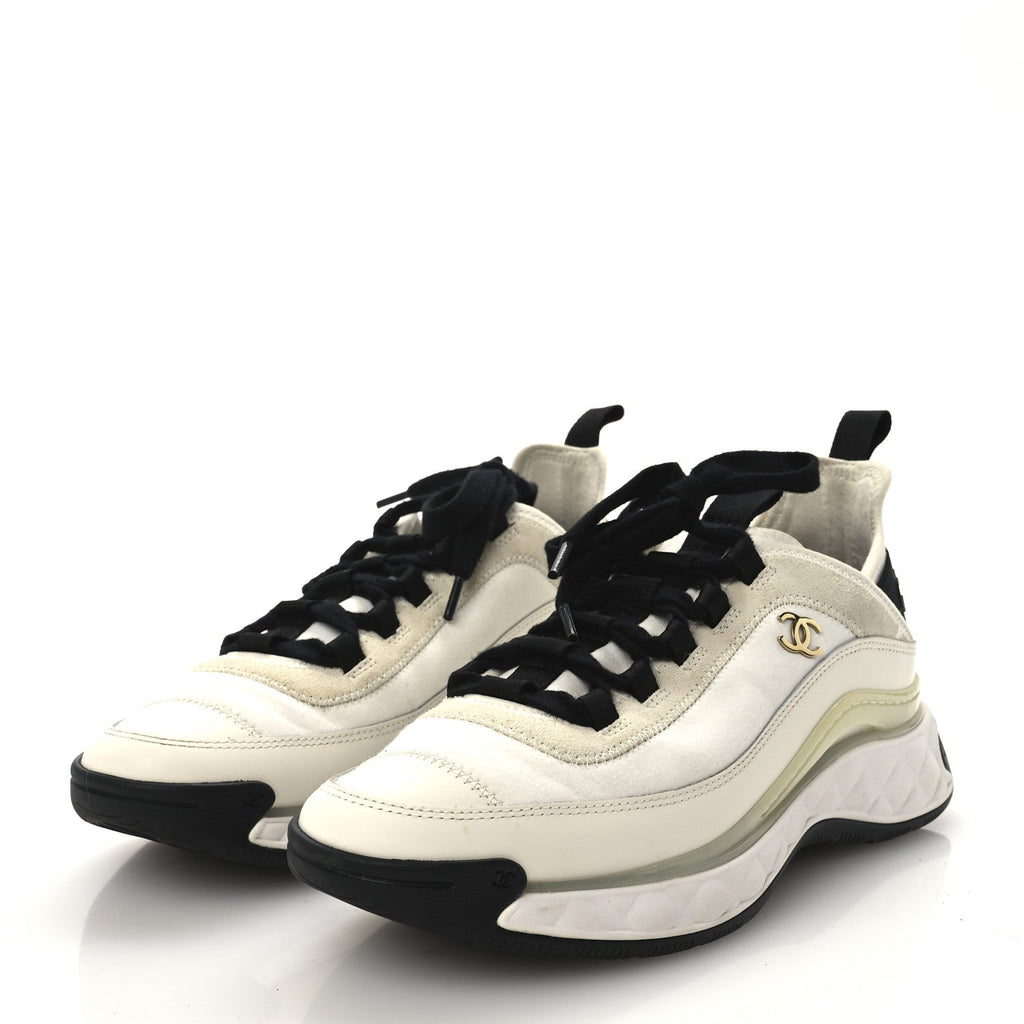 Velvet Calfskin Mixed Fibers CC Sneakers 38.5 Ivory Black