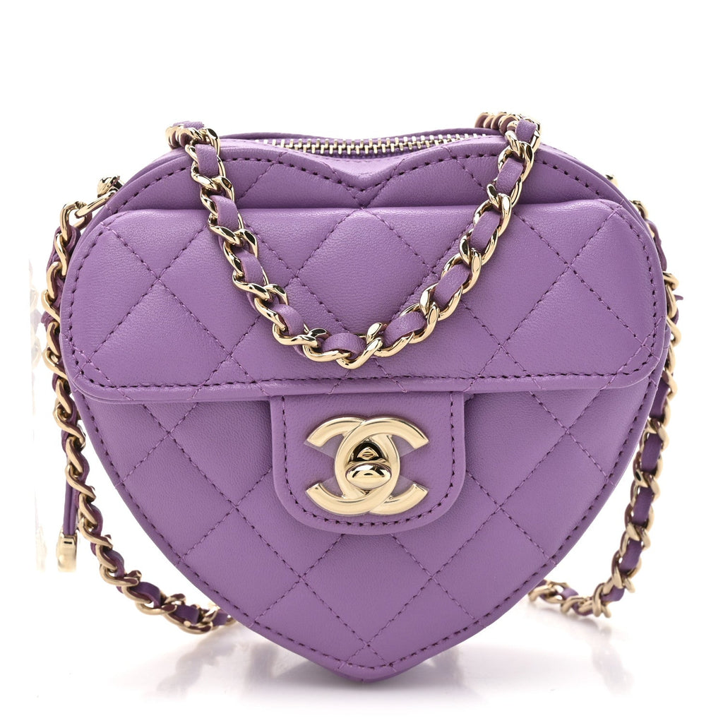 Lambskin Quilted CC In Love Heart Clutch With Chain Purple