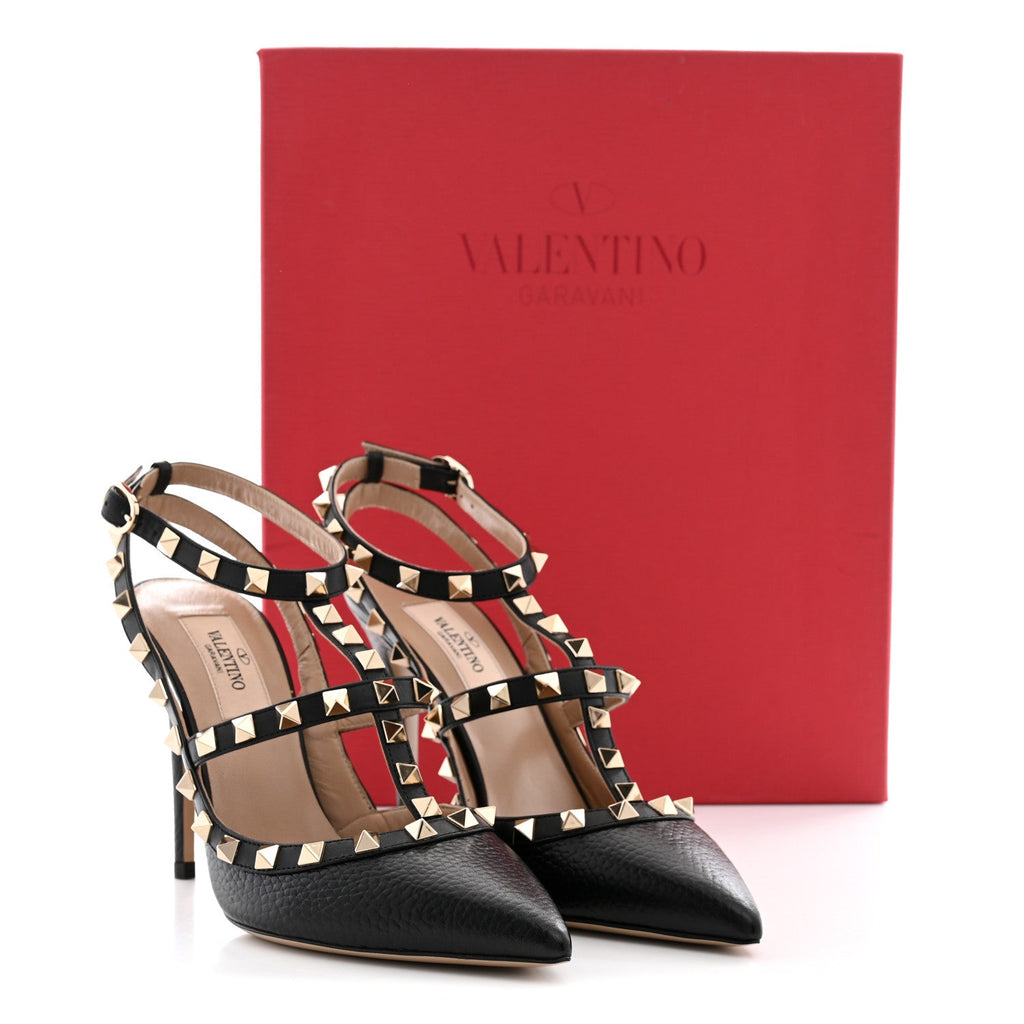 Pebbled Calfskin Rockstud Ankle Strap 100mm Pumps 36 Black
