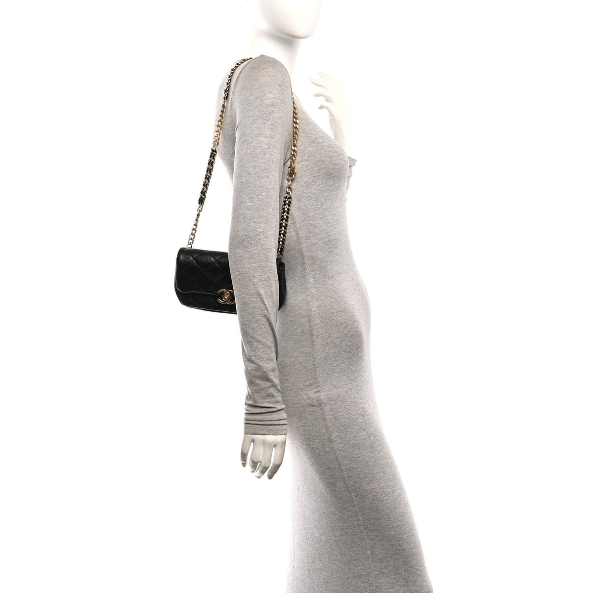 Shiny Caviar Quilted Chain Melody Waist Belt Bag Black