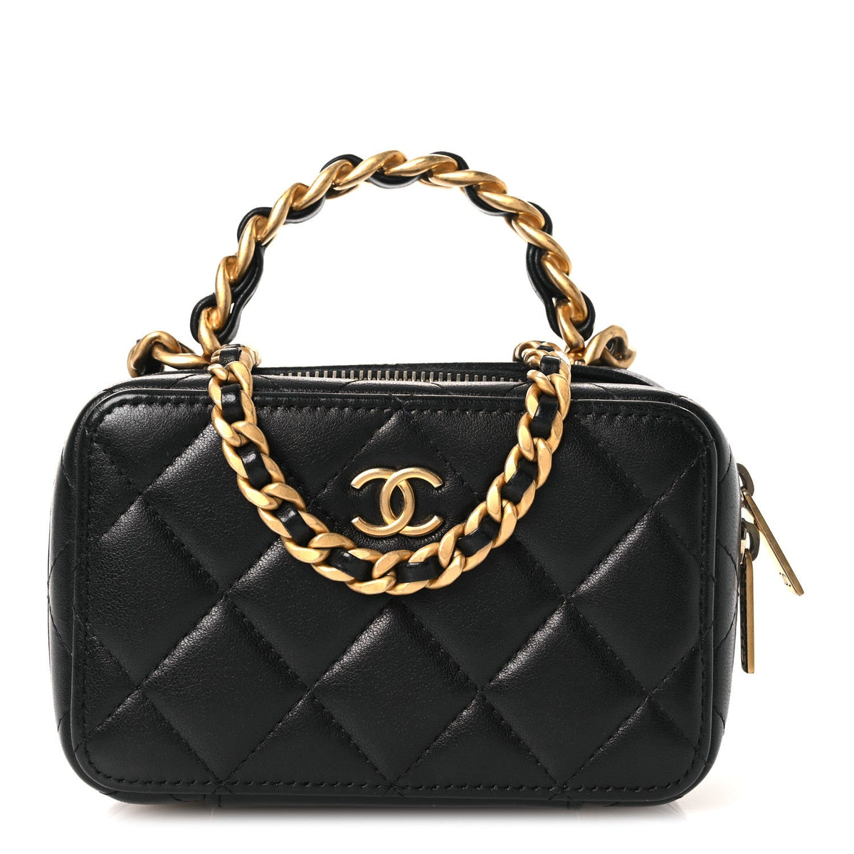 Lambskin Quilted Top Handle Mini Vanity Case Black