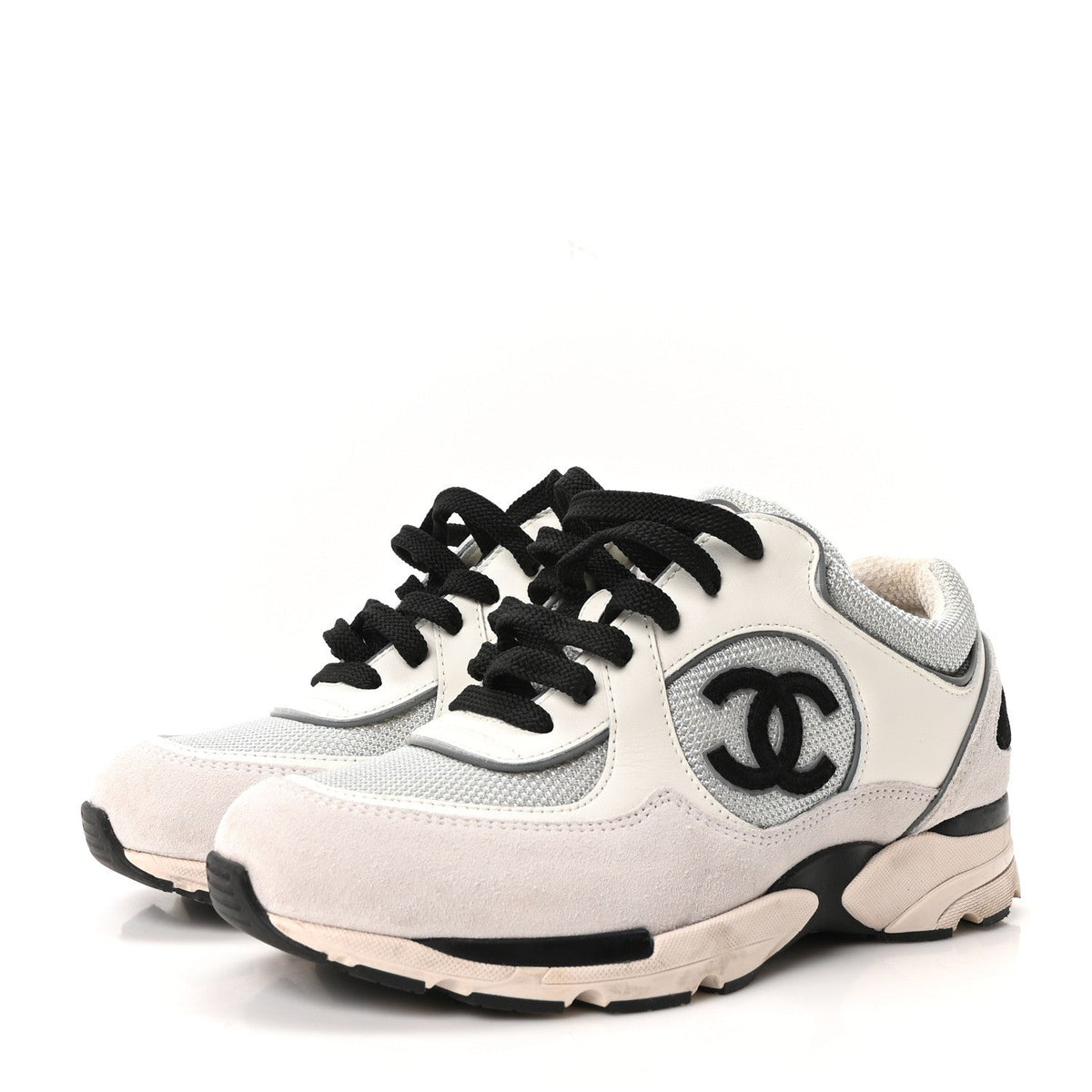 Mesh Suede Calfskin Grained Calfskin Womens CC Sneakers 37 White Silver Light Grey