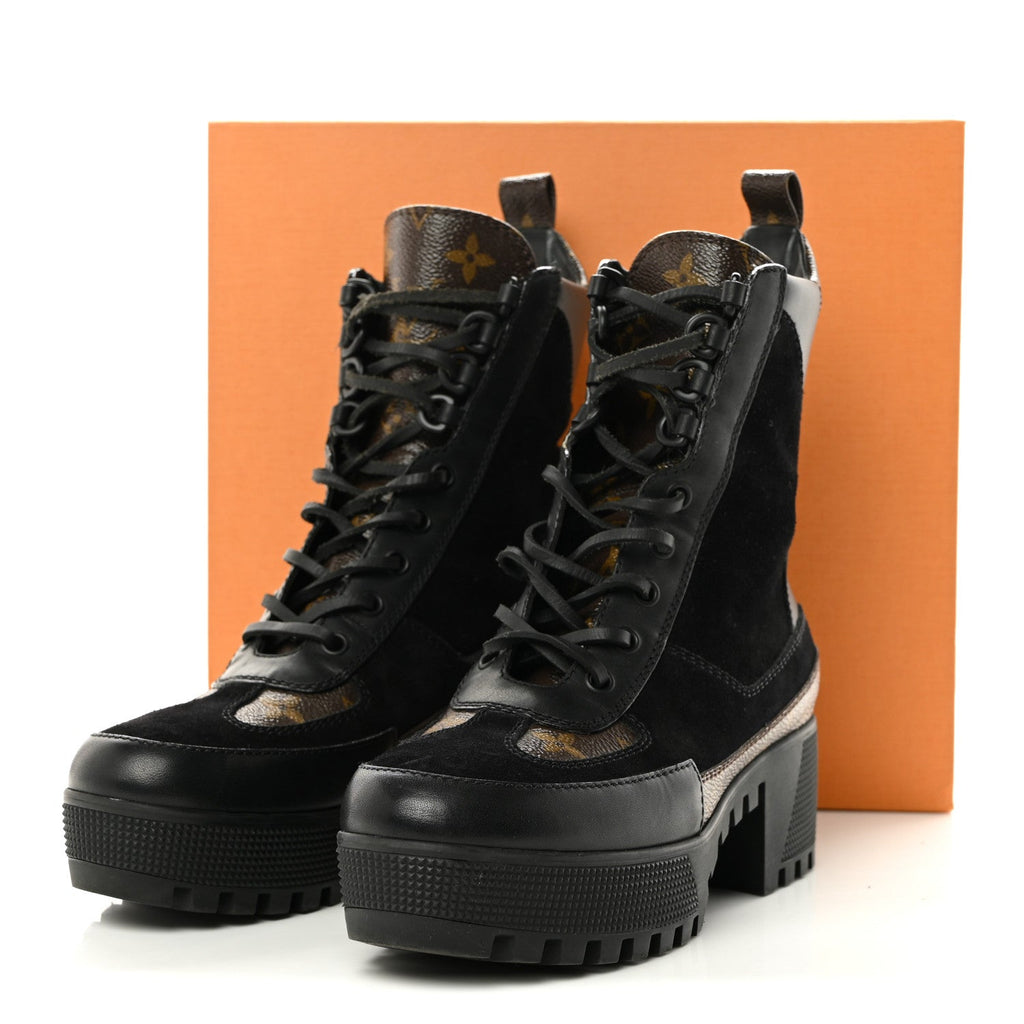 Suede Calfskin Monogram Laureate Platform Desert Boots 36 Black