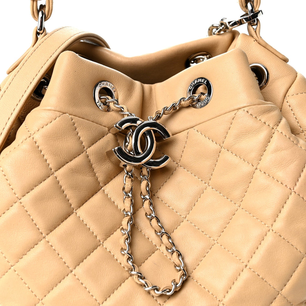 Lambskin Quilted Small CC Chain Bucket Drawstring Bag Light Beige