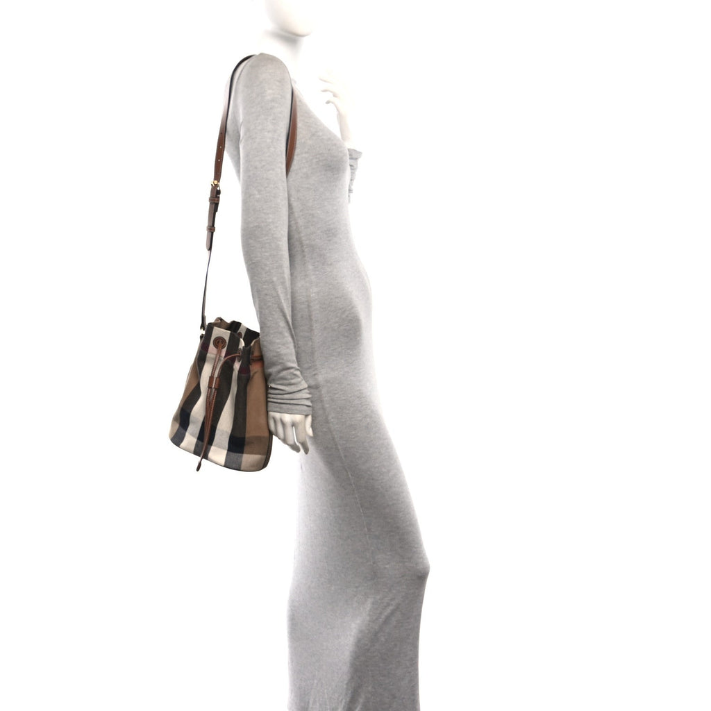 Giant Check Canvas Small Bucket Bag Taupe Brown