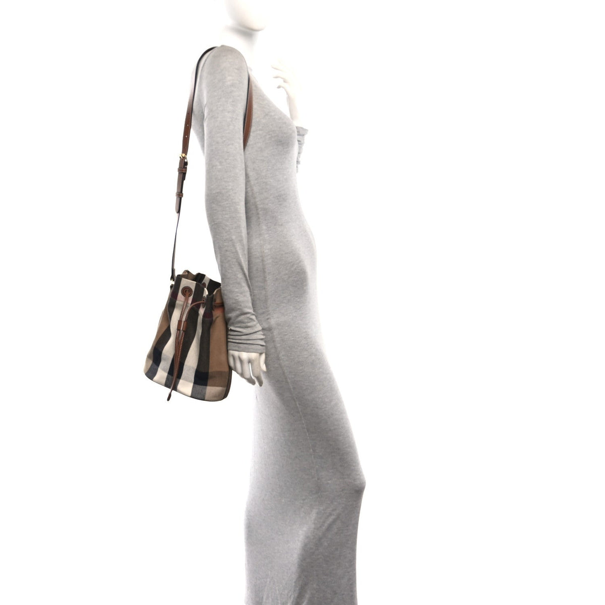 Giant Check Canvas Small Bucket Bag Taupe Brown