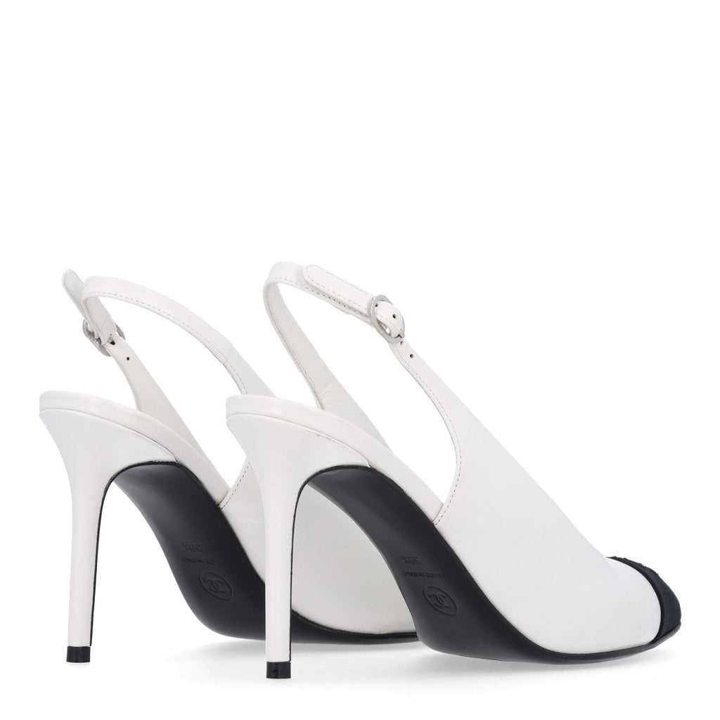 Goatskin Grosgrain Pointed Cap Toe CC Slingback Pumps 38.5 White Black