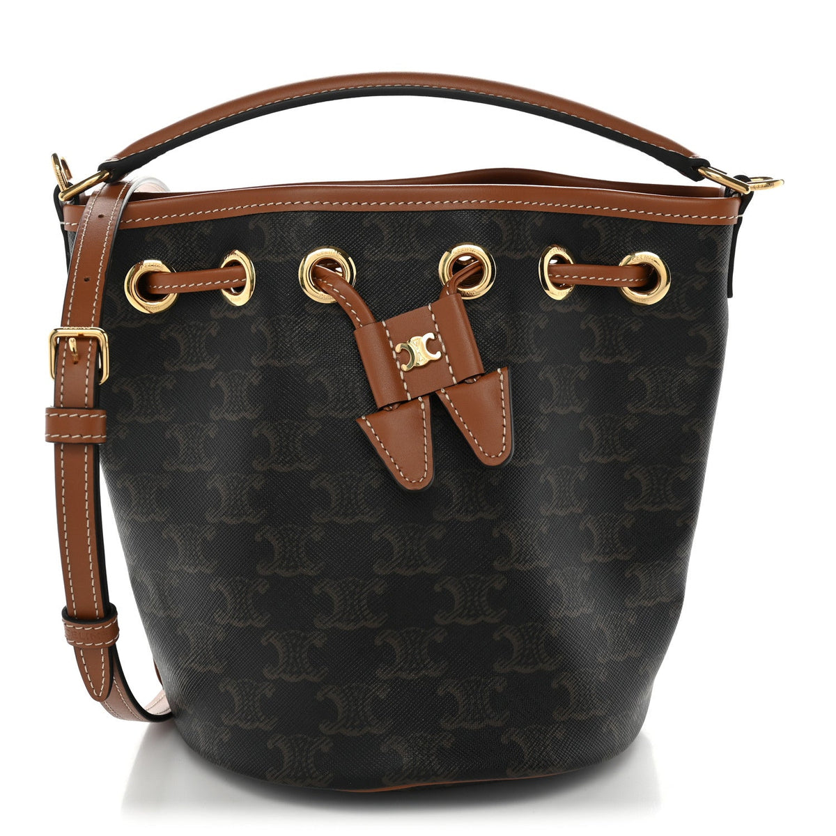Triomphe Canvas Calfskin Teen Clara Drawstring Bucket Bag Tan