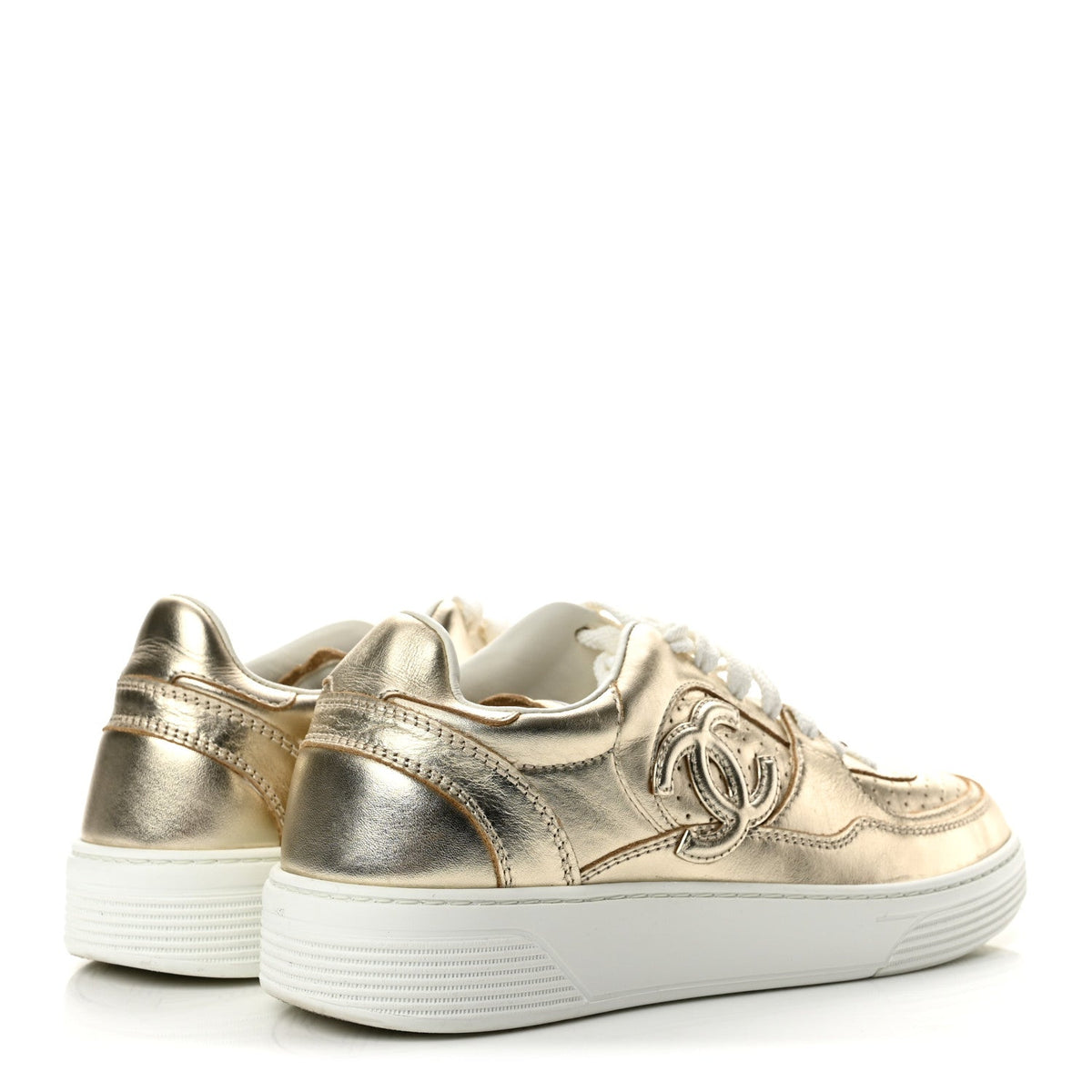 Laminated Calfskin CC Womens Sneakers 38 Golden