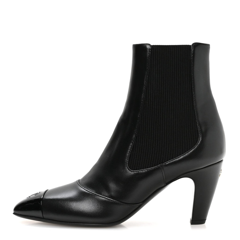 Lambskin Patent Calfskin CC Cap Toe Short Boots 39 Black