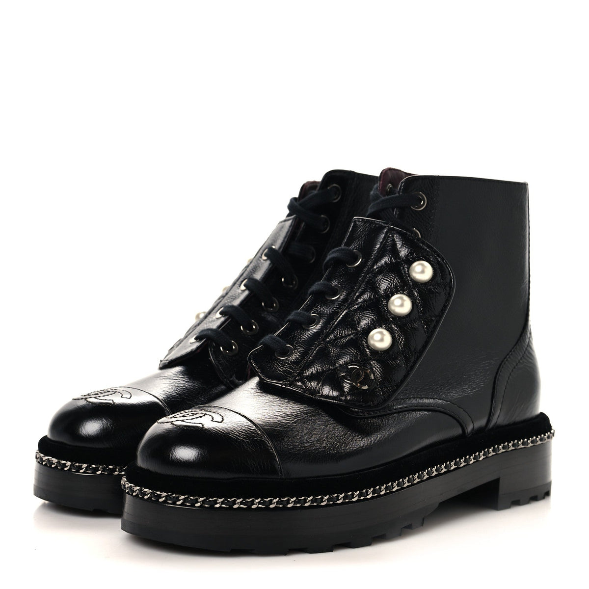 Crackled Calfskin Velvet Pearl Combat Short Boots 36 Black