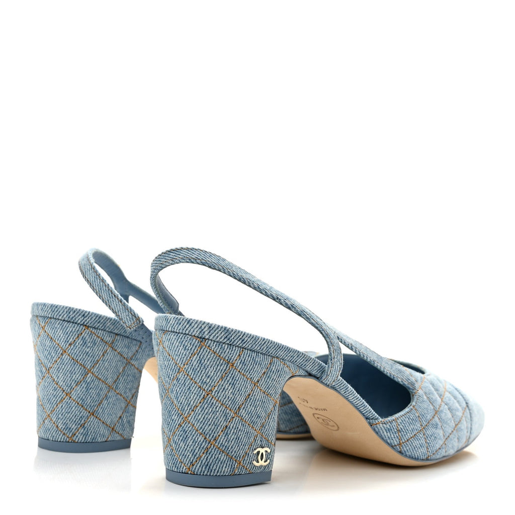 Denim Quilted Cap Toe Slingback Pumps 40 Light Blue