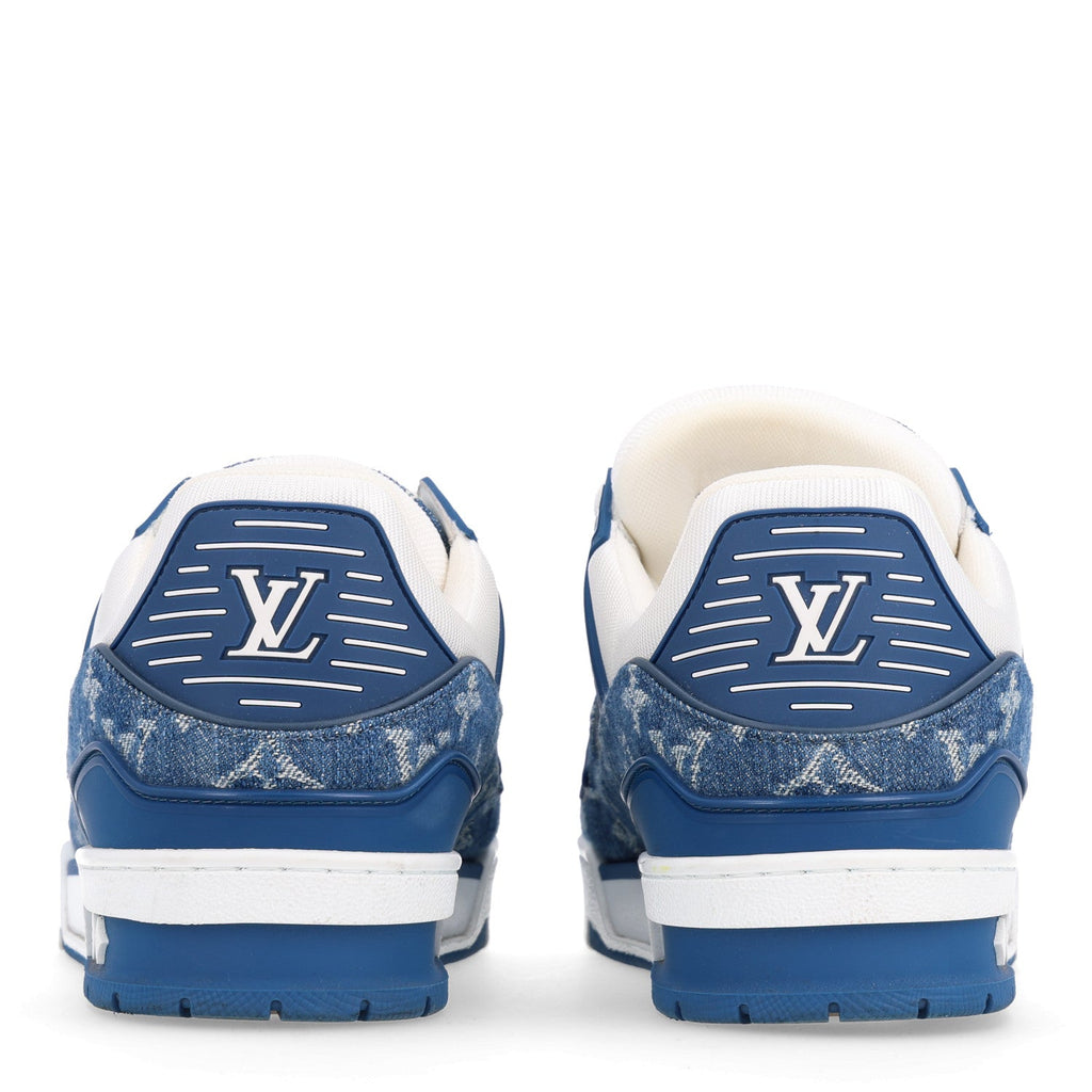 Calfskin Embossed Monogram Denim Womens LV Trainer Sneakers 40 Blue