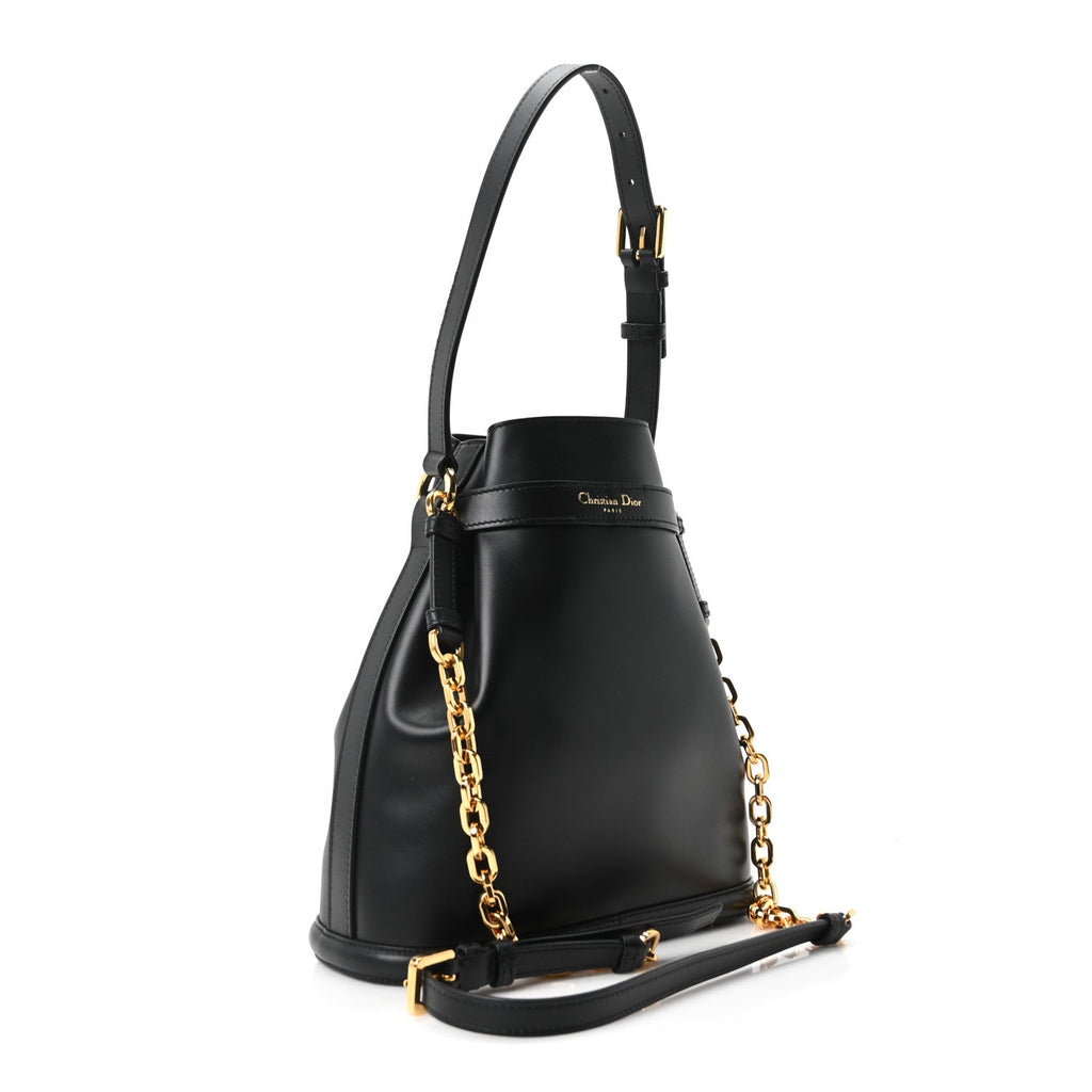 Calfskin CD Embossed Medium C'est Chain Bucket Bag Black