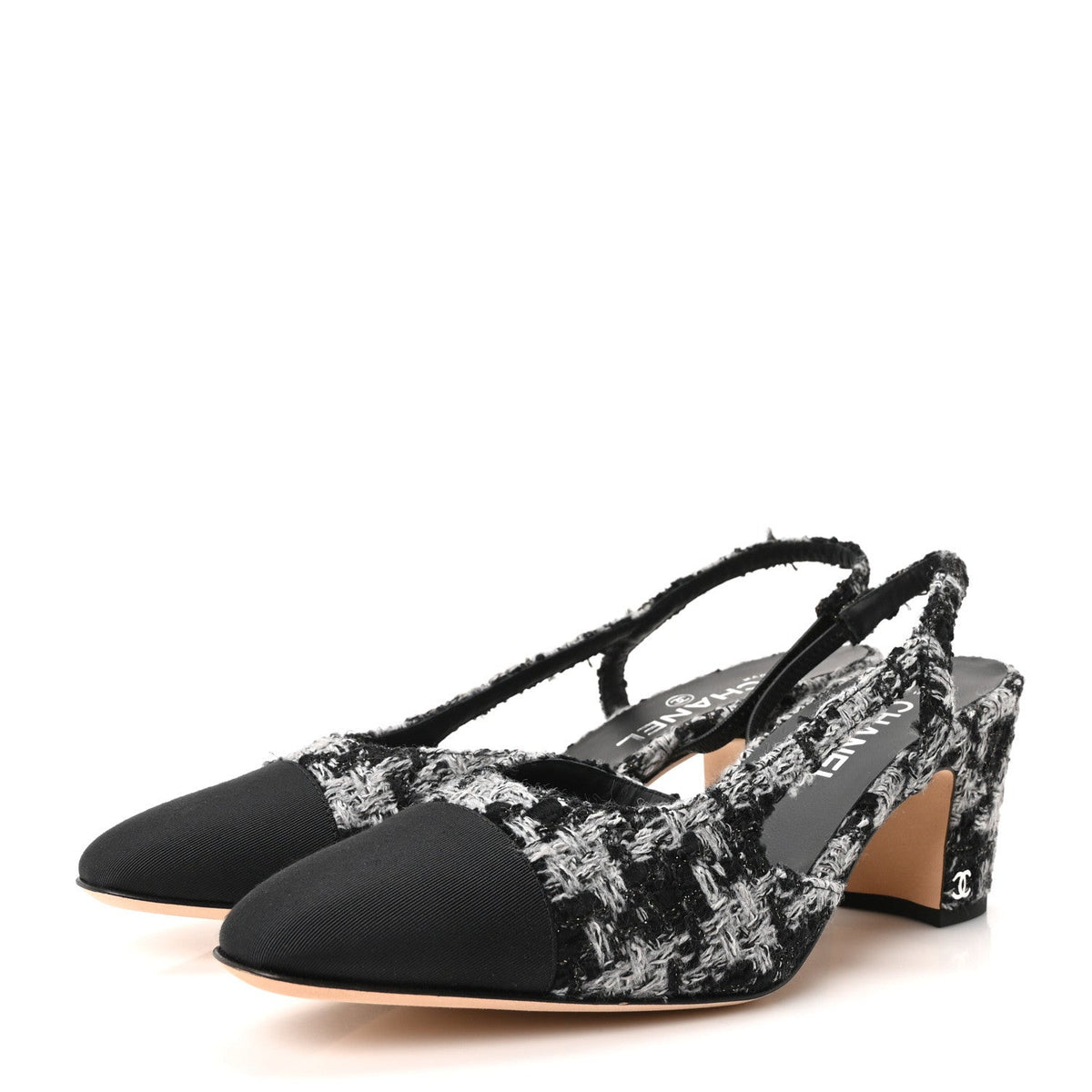 Tweed Grosgrain Cap Toe CC Slingback Pumps 41.5 Black Grey