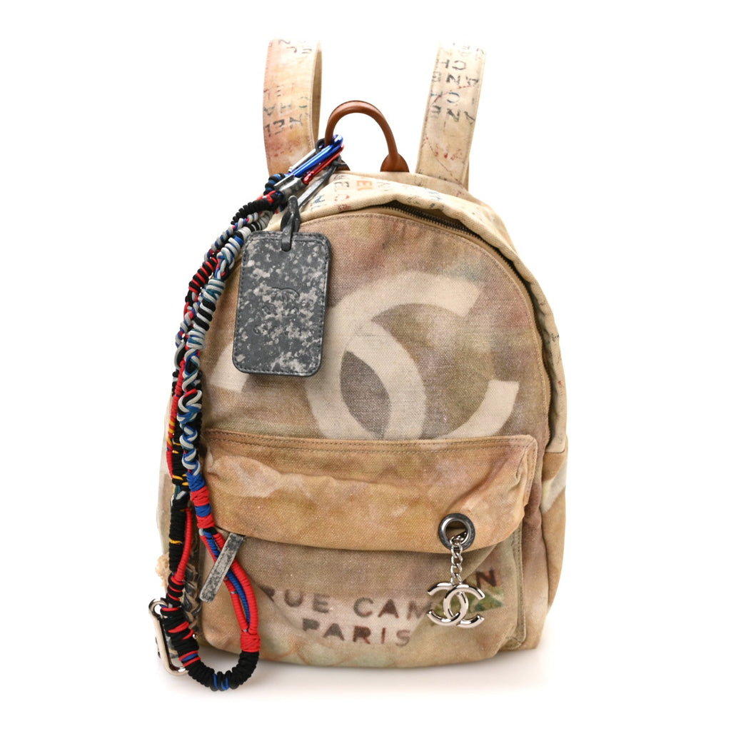 Graffiti Printed Canvas Medium Backpack Beige