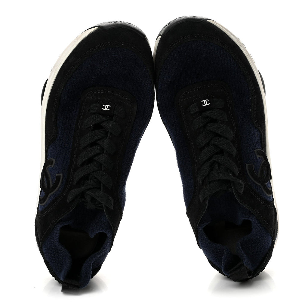Knit Fabric Suede Calfskin Womens CC Sneakers 37.5 Navy Black