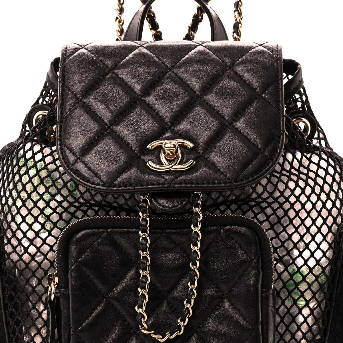 Shiny Lambskin Mesh Quilted Small Cargo Duma Drawstring Backpack Black