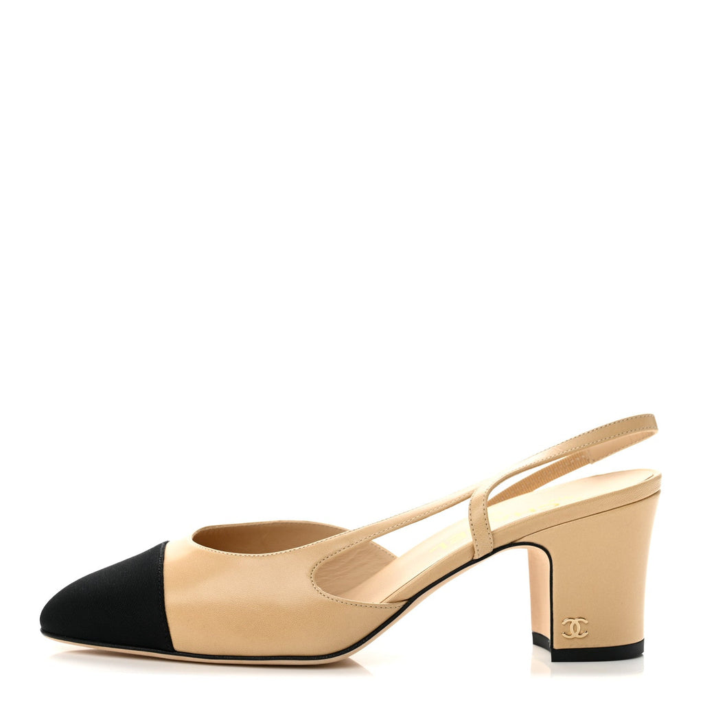 Goatskin Grosgrain Cap Toe CC Slingback Pumps 39 Beige Black