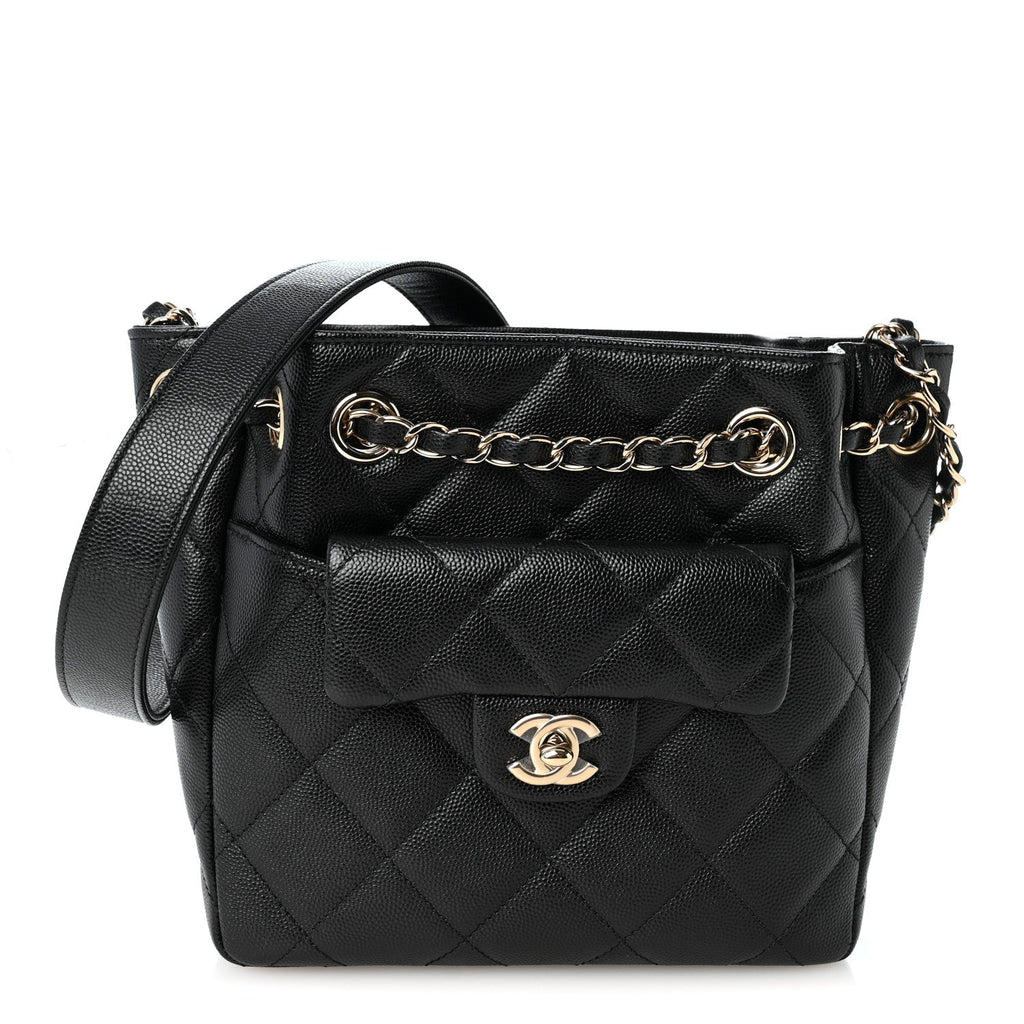 Caviar Quilted Flap Bucket Bag Black