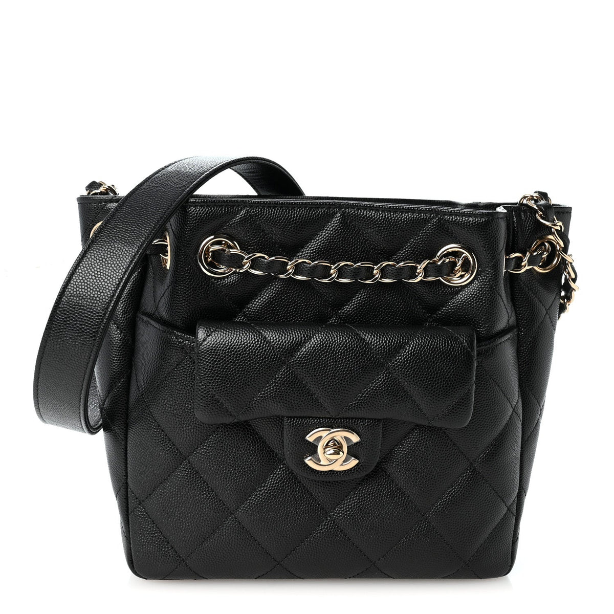 Caviar Quilted Flap Bucket Bag Black