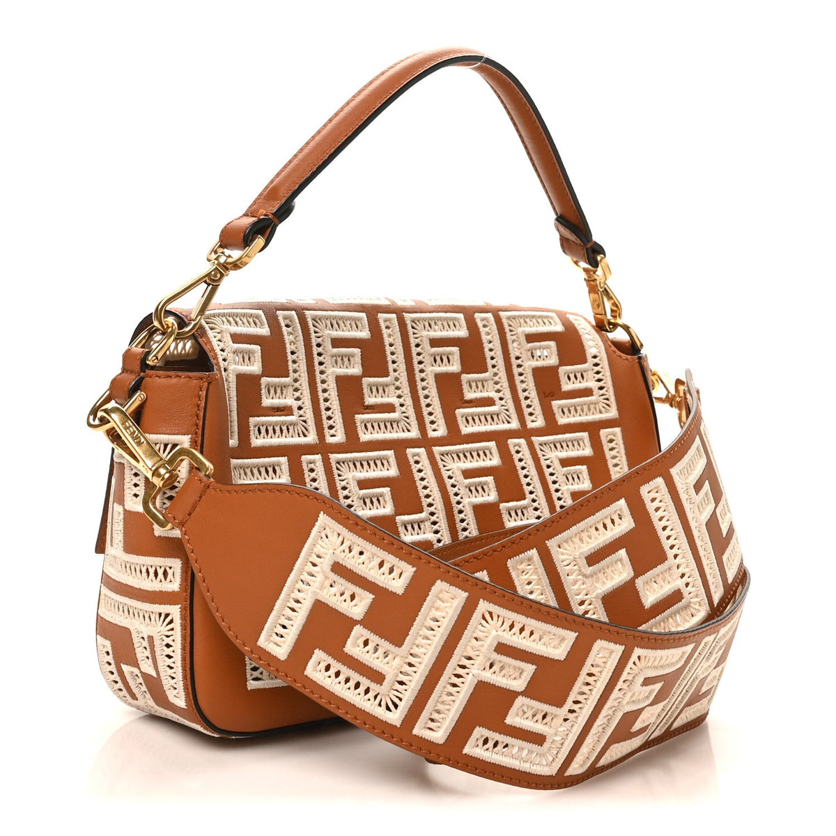 Vitello Seta FF Ajour Embroidered Baguette Brandy
